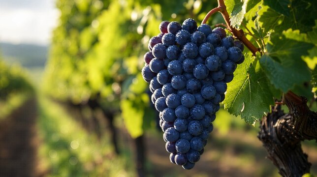 generality. A single cluster of Cabernet Sauvignon grapes glistening with dew in a vineyard under soft sunlight. gardening catalogs, home-decor guides, designed for home decor and floral branding.