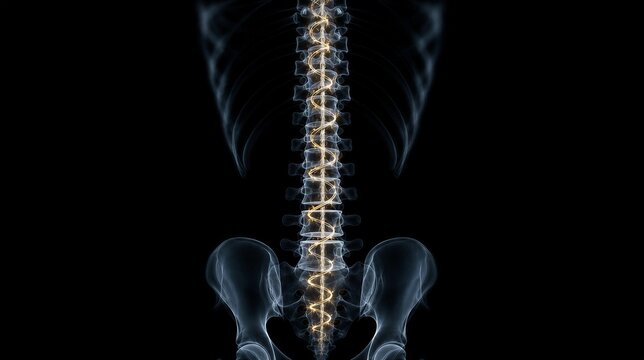culpability. X-ray silhouette of a human spine with a subtle golden coil ascending within the vertebrae. STEM education sheets, lab safety posters, designed for biotech research communications.