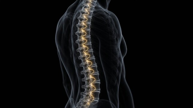culpability. X-ray silhouette of a human spine with a subtle golden coil ascending within the vertebrae. STEM education sheets, lab safety posters, designed for biotech research communications.