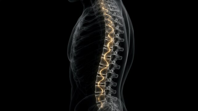 culpability. X-ray silhouette of a human spine with a subtle golden coil ascending within the vertebrae. STEM education sheets, lab safety posters, designed for biotech research communications.