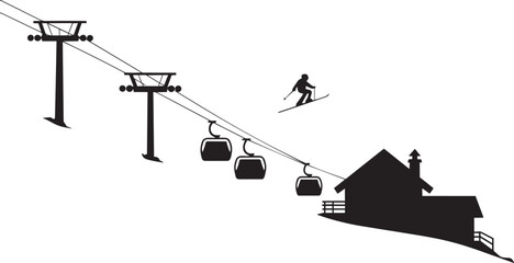 Ski lift with gondolas and a skier passing a mountain lodge vector illustration silhouette style © Laila
