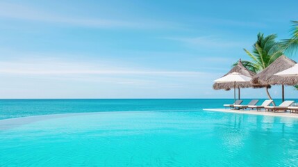 Fototapeta premium A serene and pristine infinity pool at a luxury resort with crystal clear water merging into the vast blue ocean under a bright sky featuring empty loungers and thatched umbrellas