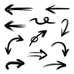 Fototapeta premium Group of black hand drawn arrows on transparent background showing various directional pointers and movement signs.