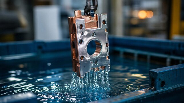 electrolytic. A copper part emerging from a blue electrolytic bath in an industrial setting. safety posters, maintenance manuals, designed for precision metalworking and fabrication facilities.
