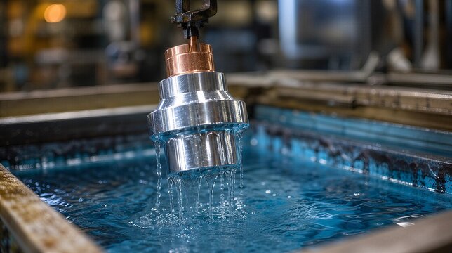 electrolytic. A copper part emerging from a blue electrolytic bath in an industrial setting. safety posters, maintenance manuals, designed for precision metalworking and fabrication facilities.