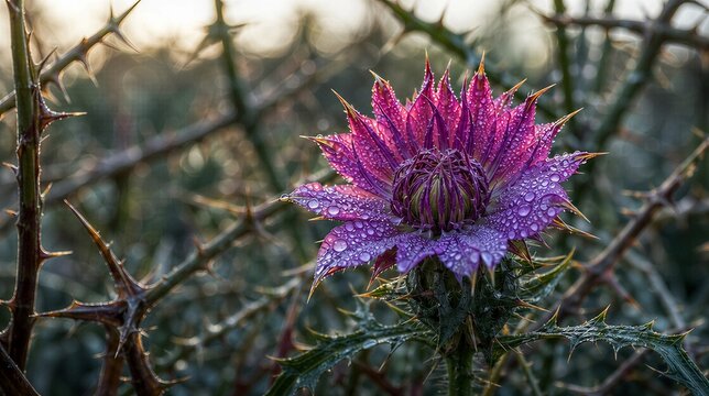 pantheism. A single poisonous flower with thorns and dewdrops in a thicket, morning light. gardening catalogs, home-decor guides, designed for gardening and botanical catalogs, enhances decor appeal.