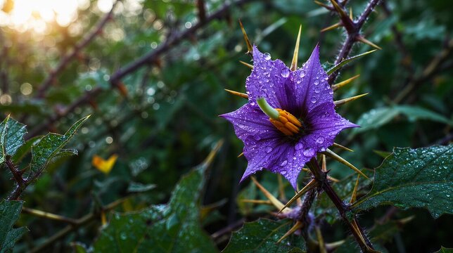 pantheism. A single poisonous flower with thorns and dewdrops in a thicket, morning light. gardening catalogs, home-decor guides, designed for gardening and botanical catalogs, enhances decor appeal.