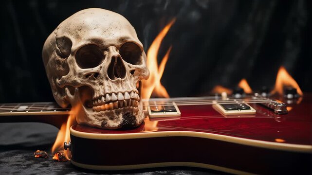 Guitar skull slow-motion cinematic closeup with flames dramatic lighting