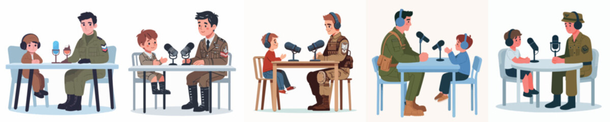 Obraz premium vector of soldier and little boy doing podcast