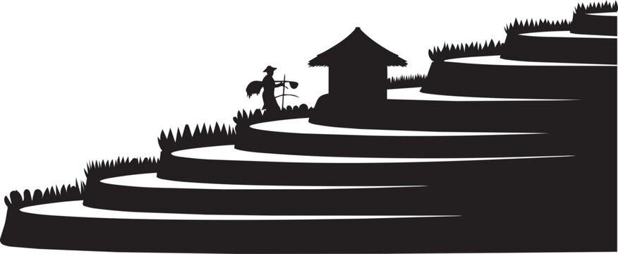 Terraced rice fields with farmer and hut minimalist silhouette vector illustration agriculture