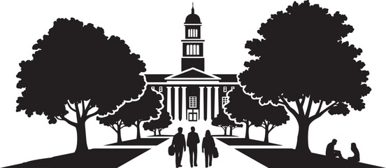 Obraz premium University campus vector illustration silhouette with building students and trees on white