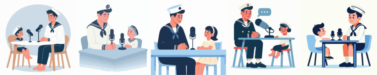 Fototapeta premium vector sailor and little boy doing podcast
