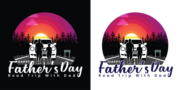 Father&rsquo;s Day Summer Road Trip Vector Badge with Dad and Child Adventure Family Travel Illustration and Greeting Design