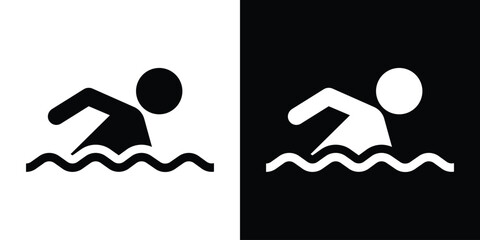 Naklejka premium Minimalist icon of a person swimming in water. Isolated on black and white backgrounds. Perfect for pool signs, leisure sports, swimming lessons, or aquatic activities. Professional vector graphic.
