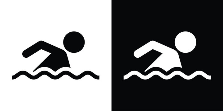 Minimalist icon of a person swimming in water. Isolated on black and white backgrounds. Perfect for pool signs, leisure sports, swimming lessons, or aquatic activities. Professional vector graphic.