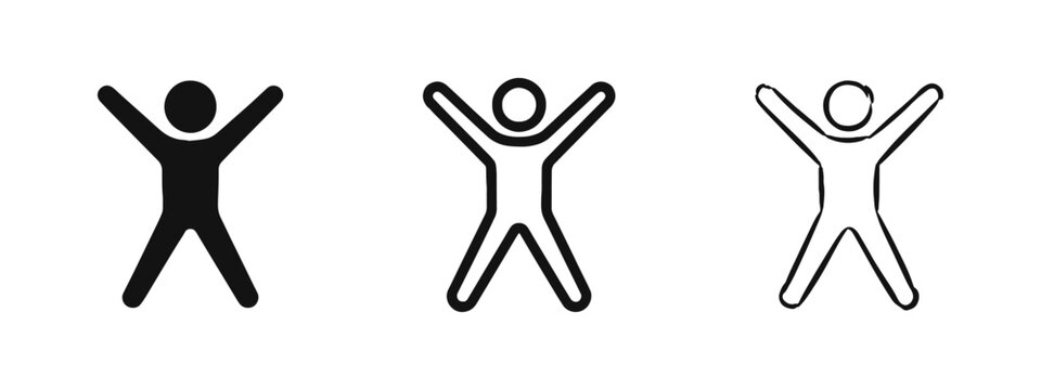 Happy Successful Person Celebration and Freedom Icon Set with Figure Stretching Arms