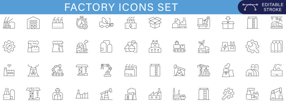 Factory industrial icons set with manufacturing equipment, automation machinery, production line, warehouse logistics, engineering symbols, construction and industry outline vector editable stroke
