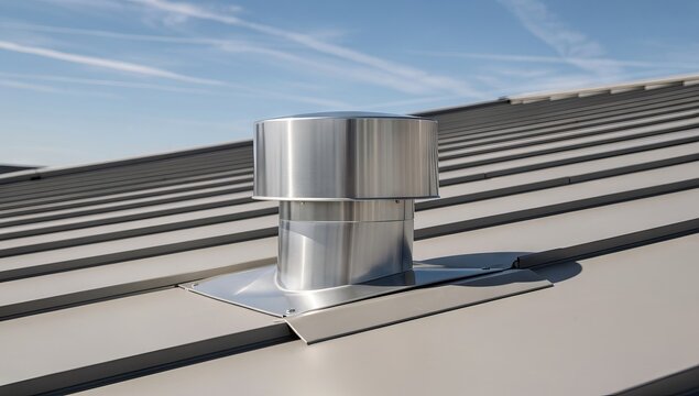 Close up of a metal roof vent on a modern building with a clear blue sky.