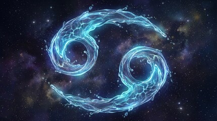 Fototapeta premium Cosmic swirls form the Cancer zodiac symbol. Bright blue energy pulses against a starry void. Deep space glow enhances mystical, celestial vibe. Perfect for astrology, fantasy