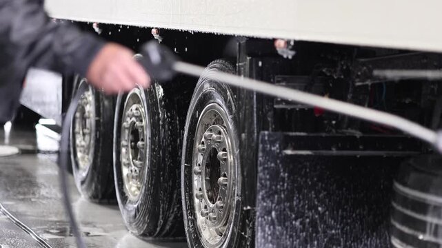 A professional worker meticulously cleaning the wheels and rims of heavy trucks and equipment using foam and water. The process showcases the importance of maintenance for optimal performance.