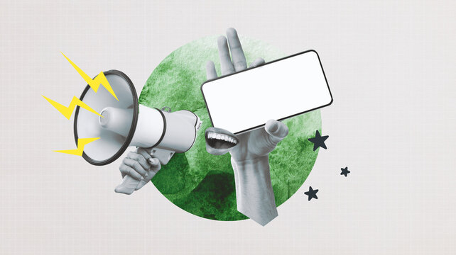 A collage displays hands holding a phone and a megaphone. The background features a round green shape and stars. This composition highlights themes of communication and creativity.