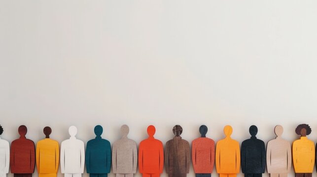 A vibrant collection of diverse abstract human silhouettes arranged in a row highlighting themes of comm    and social connection against a clean minimalist backdrop