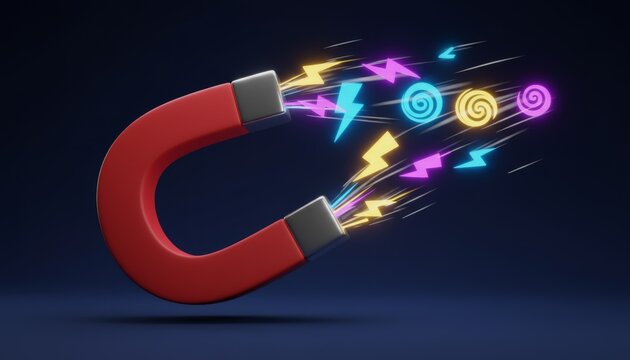 Red magnet pulses energy. Rainbow bolts swirl outward. Electric sparks fly in all directions. Vivid shapes glow with motion. Dark background emphasizes intensity. Ideal for tech, innovation