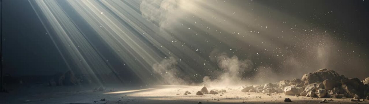 Sunbeams penetrating through dusty atmospheric haze creating heavenly light rays illuminating a dark space with spiritual radiance.