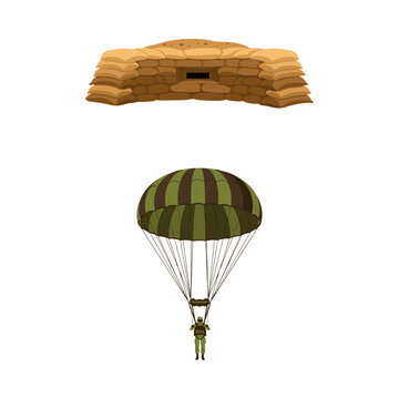 Military sandbag bunker and paratrooper vector illustration on a white background