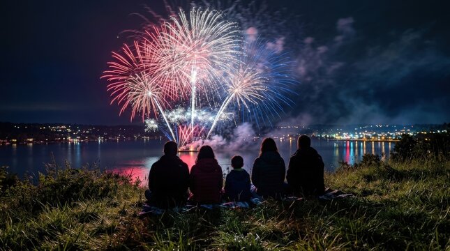 Family watching colorful fireworks display over a dark river at nighttime.