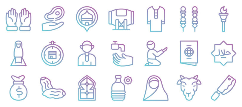 Eid al Adha and Hajj Gradient Outline Icons Collection.Vector illustration