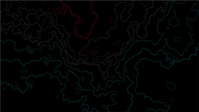 Abstract Vector Contour map of terrain with red highlight area and gradient blue line over black dark background. 