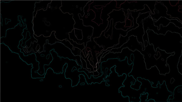 Abstract Vector topographic contour map with illuminated gradient lines and dark background representing elevation and geographical data.