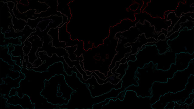 Abstract Vector dark red and green neon outlines of electrical arcing lightning strikes with textured effect, energy display on dark backdrop.