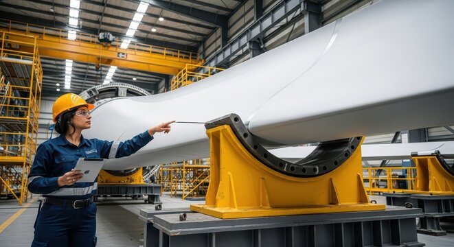 Female engineer examines a large wind turbine blade inside a manufacturing facility.