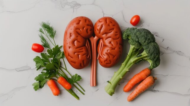 A conceptual arrangement featuring a kidney anatomical model alongside vibrant fresh broccoli carrots tomatoes parsley and dill emphasizing the importance of diet and hyd n for kidney health