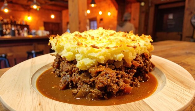 Hearty shepherds pie with a golden mashed potato topping served in a rustic pub setting with warm ambient lighting.