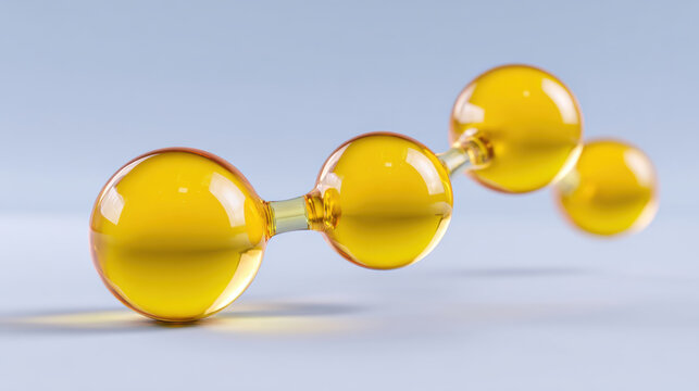Vitamin e molecule close up glossy ball and stick model on light background, scientific 3d illustration of yellow chemical structure
