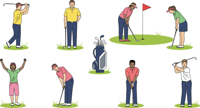 Golf players actions set with different shots putting swinging and celebrating cartoon vector illustration collection isolated on white background for sport design