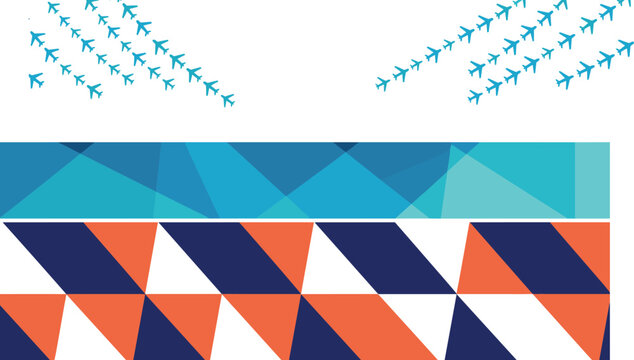 Creative travel and geometric design set featuring stylized airplane patterns, colorful low-poly textures, and vibrant triangular motifs for modern branding and aviation themes