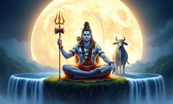 Serene Lord Shiva meditating with trishul beside a waterfall under a glowing full moon and Nandi, perfect for Hindu devotional posters, spiritual wallpapers, and religious celebration prints
