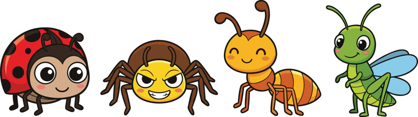 Cute insects set with ladybug spider ant and grasshopper cartoon vector illustration isolated on white background for kids and nature design © Jahangir