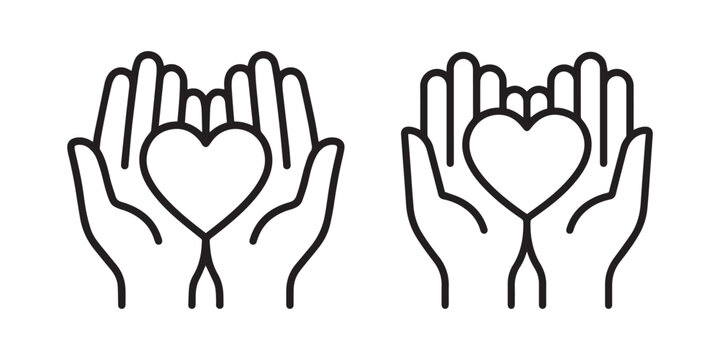 Minimalist line art icons featuring cupped hands gently holding a heart, representing charity, empathy, support, love, and compassionate community care.