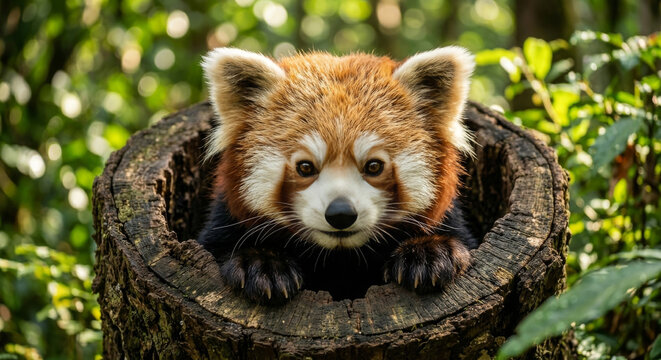 Close-Up Portrait of Red Panda Resting on Tree Hollow with Lush Green Background