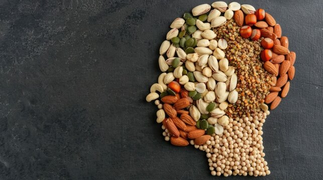 ic composition of mixed nuts and seeds including almonds cashews and pumpkin seeds shaped into a human head profile against a dark textured background