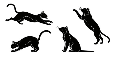 Black cat silhouette collection featuring felines playing with toy balls stretching crouching in expressive poses isolated on a white background silhouette collection stretching crouching © Lap