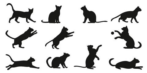 Six black cat silhouettes demonstrating athletic and calm behaviors including leaping deep stretching sitting upright isolated on a white background silhouette stretching collection movement © Lap