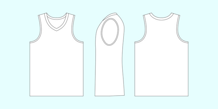 Blank white basketball jersey vector illustration displaying front side and profile views for professional apparel design and sports clothing mockup.