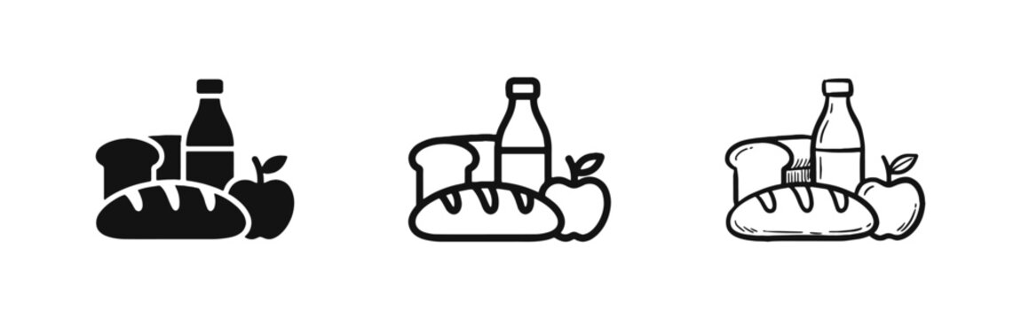 Breakfast and Food Staples Icon Set Featuring Bread, Milk Bottle, and Apple