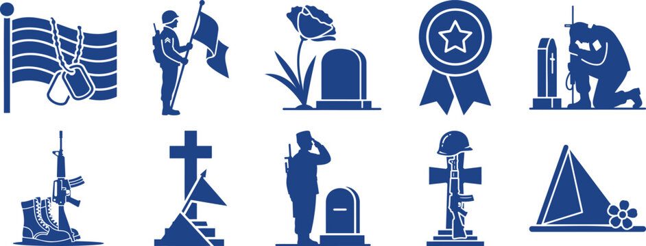 Military and remembrance symbols silhouette vector illustration with military remembrance tombstone sacrifice patriotism memorial silhouette vector illustration